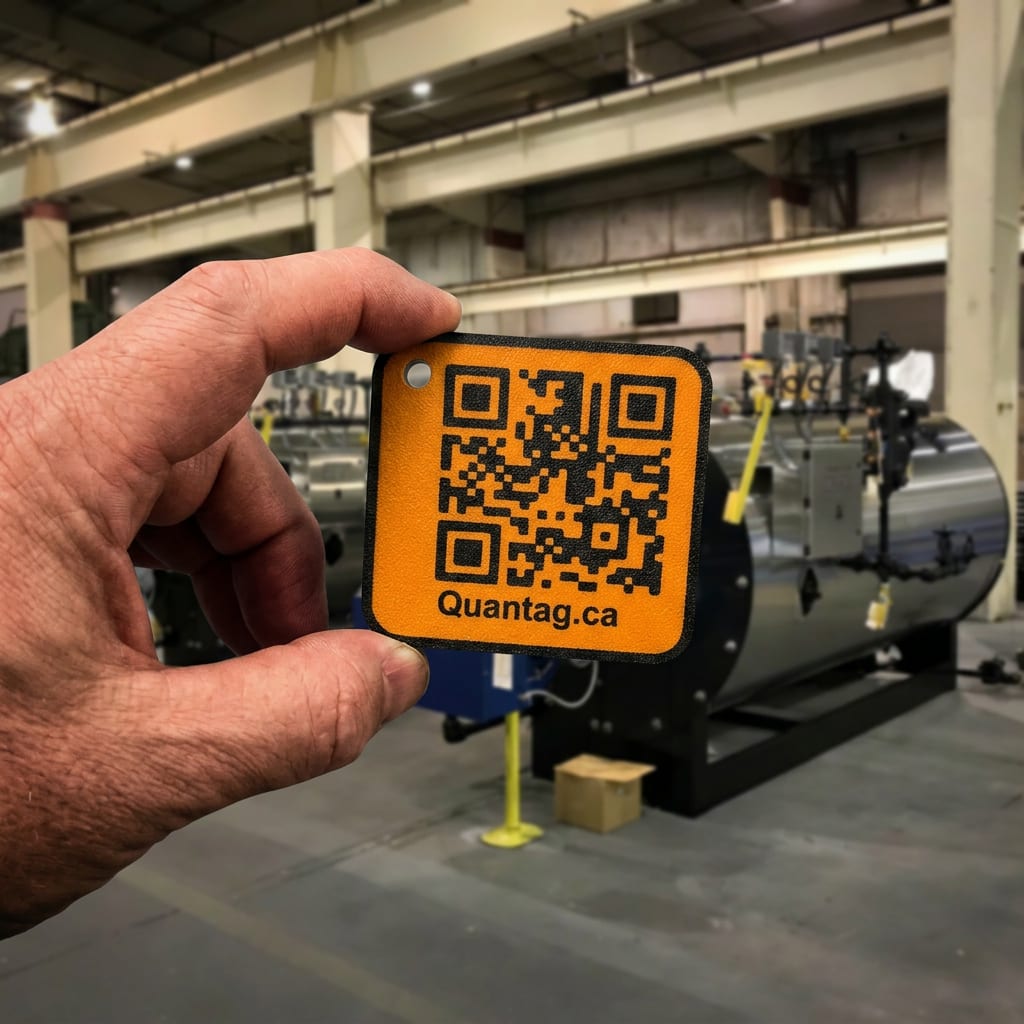 A hand holding an orange Quantag QR-code tag in front of a large industrial boiler in a plant room