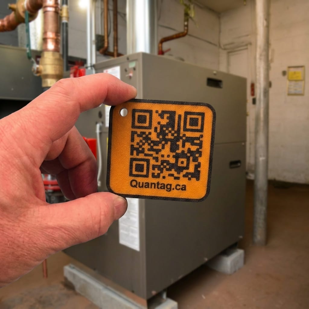 A hand holding a Quantag QR tag in front of a high-efficiency furnace in a mechanical room