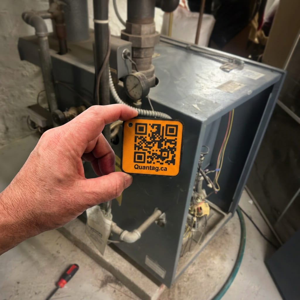 A hand holding a Quantag QR tag in front of an older furnace with visible piping and a pressure gauge